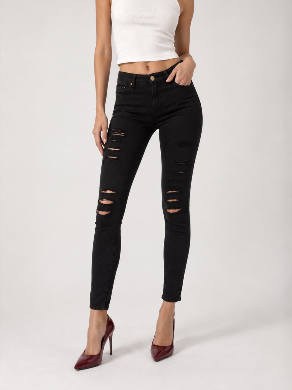 FRAME Le Skinny de Jeanne Film Noir Distressed Black Jeans Size 27